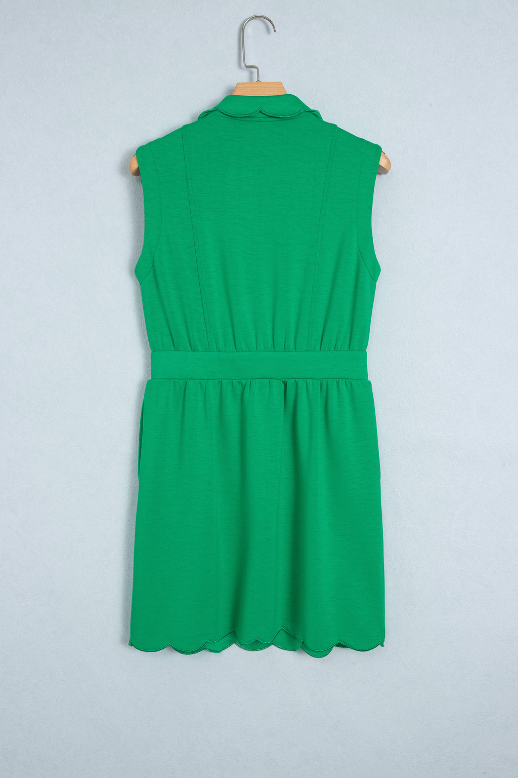 Bright Green Sleeveless Zip Front Scallop Hem Mini Dress PREORDER ETA 3 WEEKS