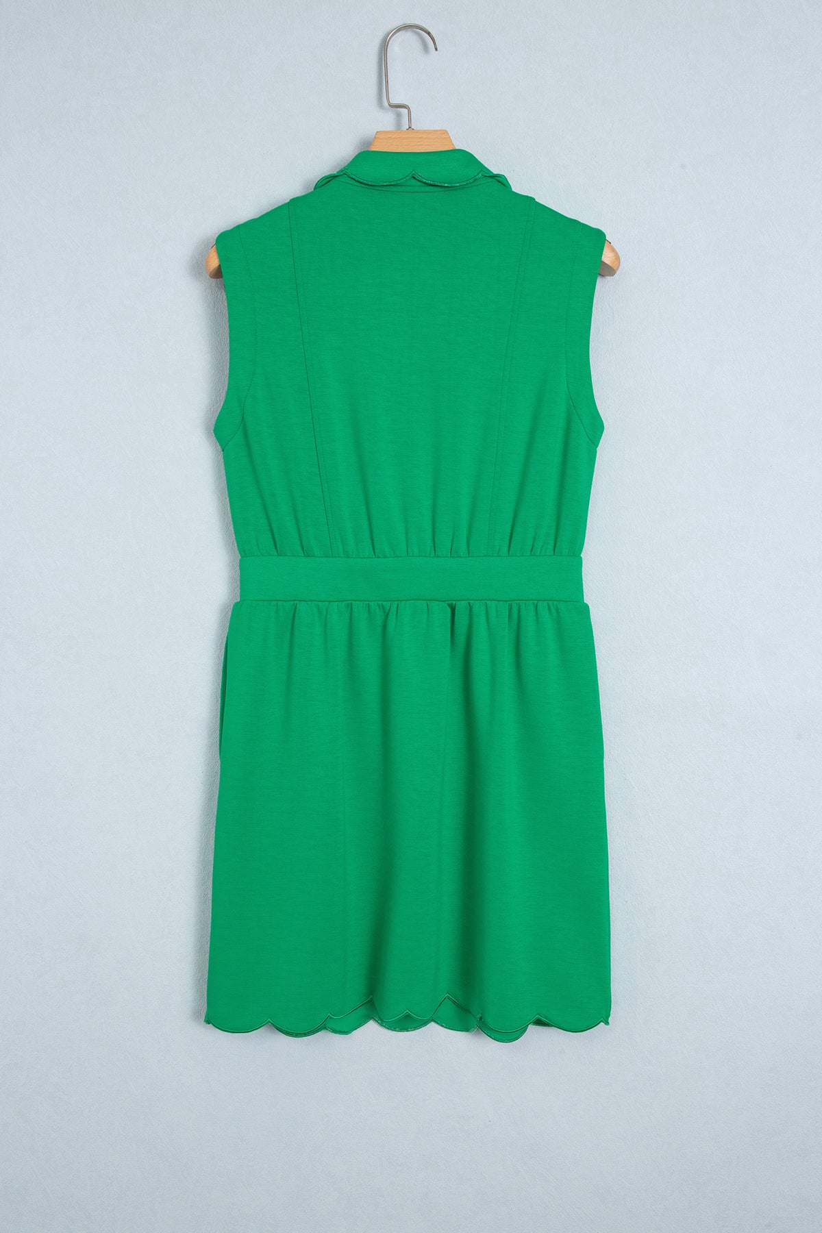 Bright Green Sleeveless Zip Front Scallop Hem Mini Dress PREORDER ETA 3 WEEKS