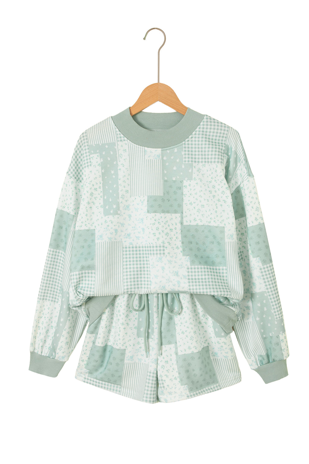 Sky Blue Patchwork Floral Print Drop Shoulder Baggy Pullover Drawstring Shorts Set PREORDER ETA 3 WEEKS