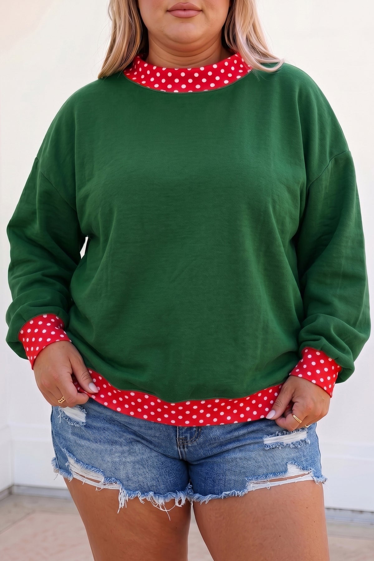 Brown Polka Dot Patchwork Round Neck Plus Size Sweatshirt PREORDER ETA 3 WEEKS