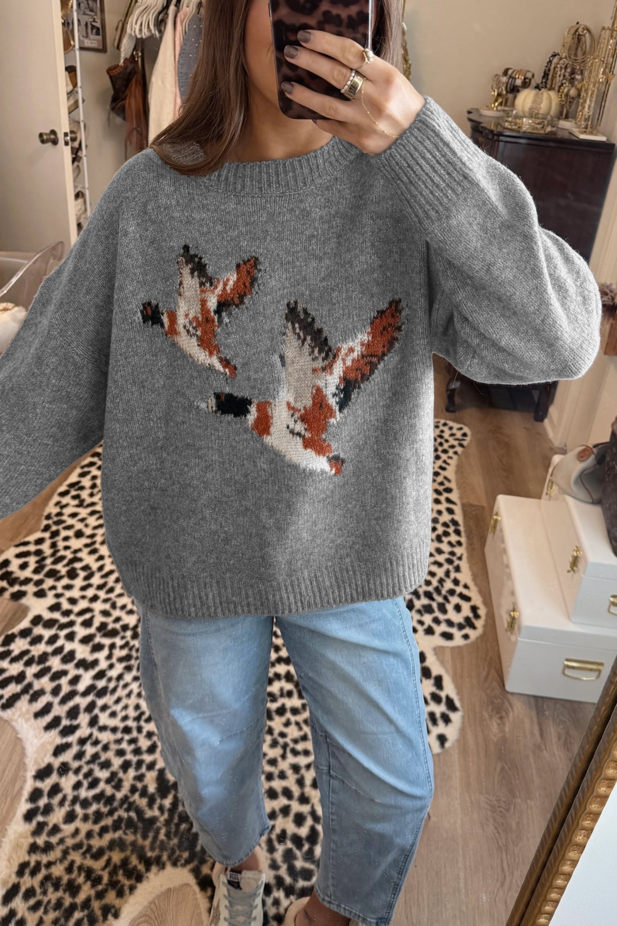 Gray Wild Mallard Drop Shoulder Round Neck Long Sleeve Pullover Sweater PREORDER ETA 3 WEEKS