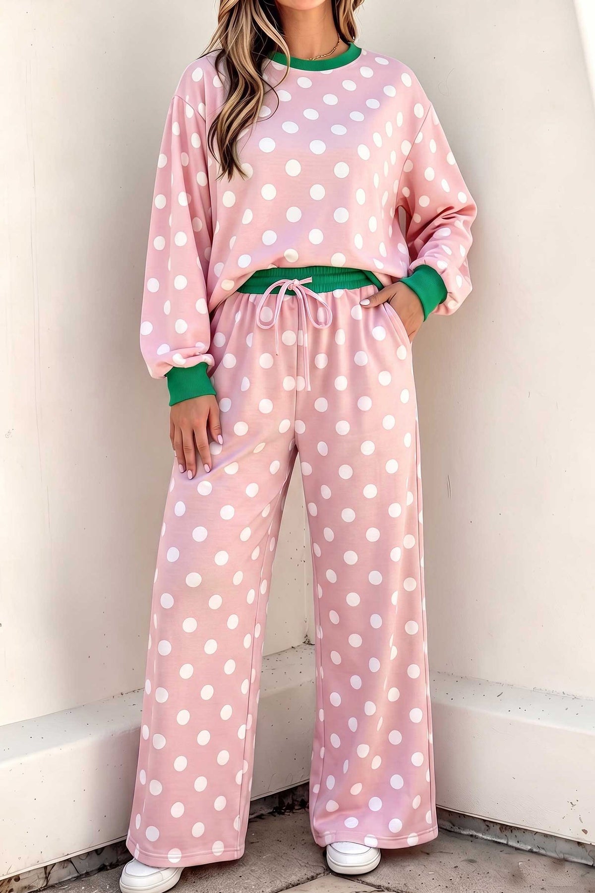 Khaki Polka Dot Contrast Trim Long Sleeve Top Drawstring Shift Pants Set PREORDER ETA 3 WEEKS