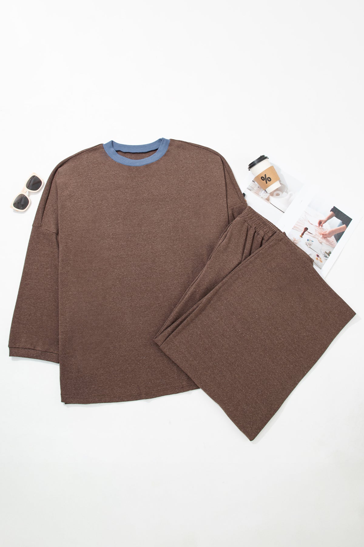 Dark Brown Long Sleeve Round Neck Patchwork Colorblock Plus Size Set PREORDER ETA 3 WEEKS