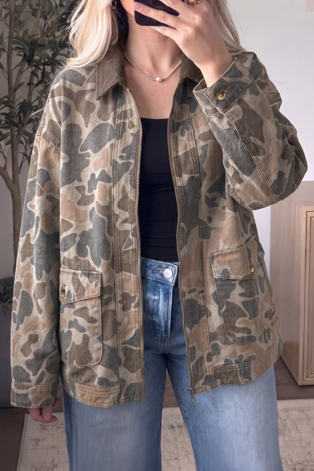 Multicolour Retro Camouflage Print Corduroy Contrast Collar Zip Denim Jacket PREORDER ETA 3 WEEKS