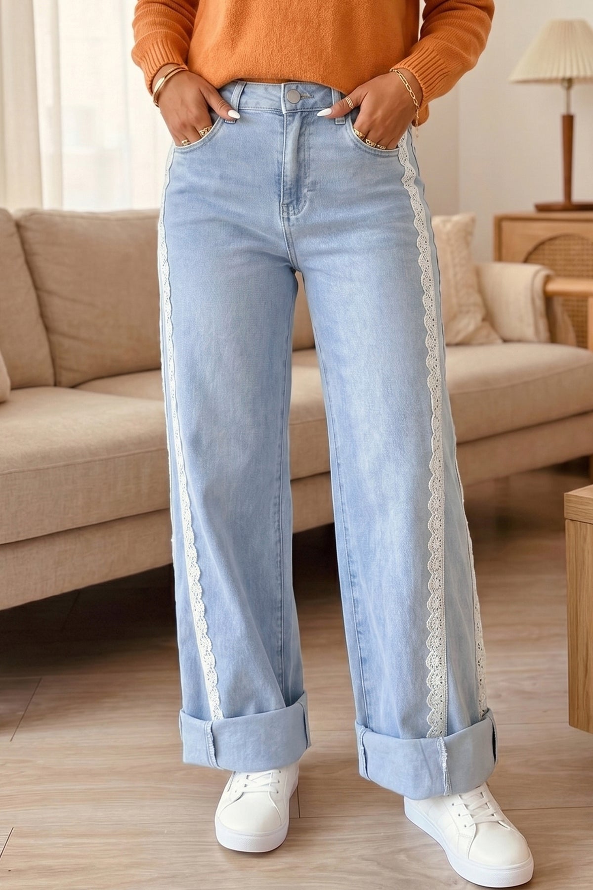 Beau Blue Lace Trim Casual Full-Length Regular Fit Jeans PREORDER ETA 3 WEEKS