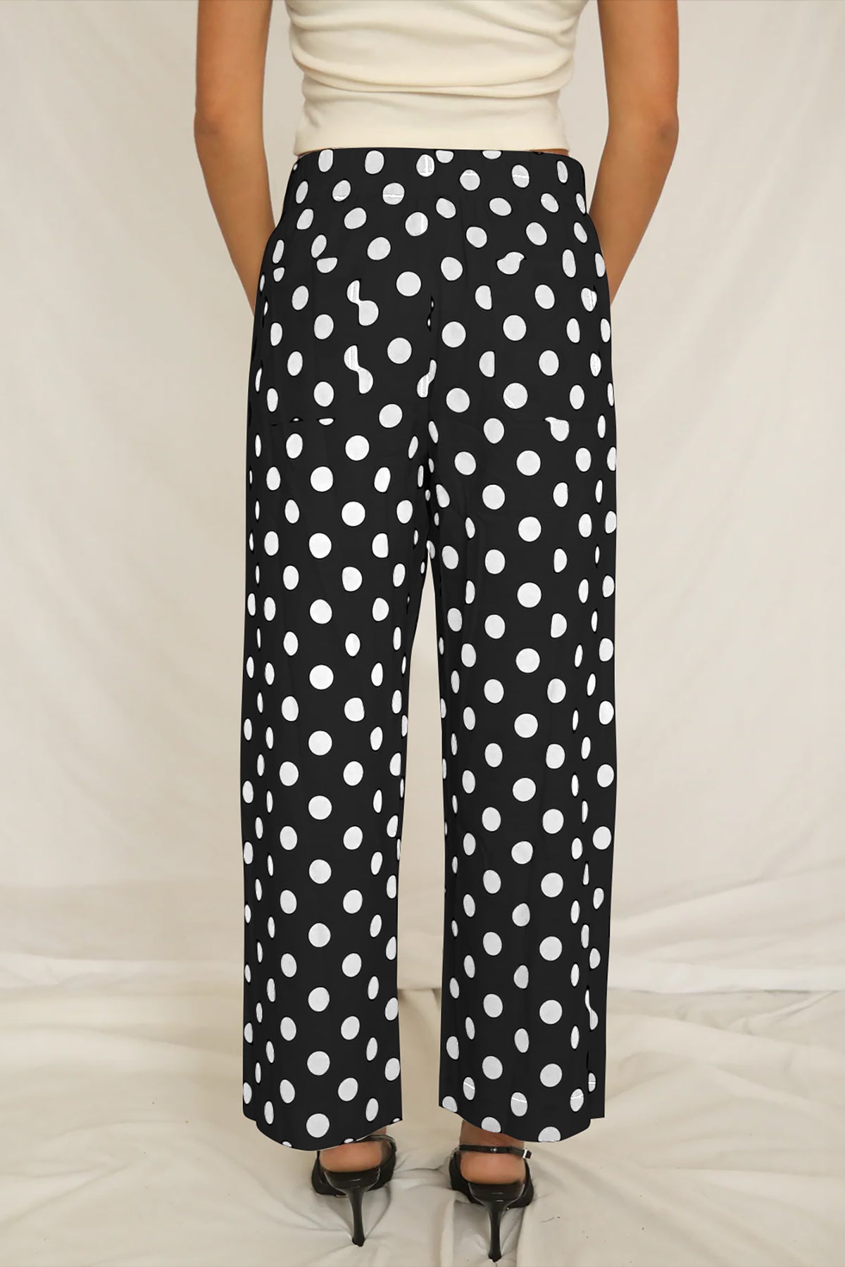 Black Polka Dot Print Patched Pocket Mid-rise Straight Leg Pants