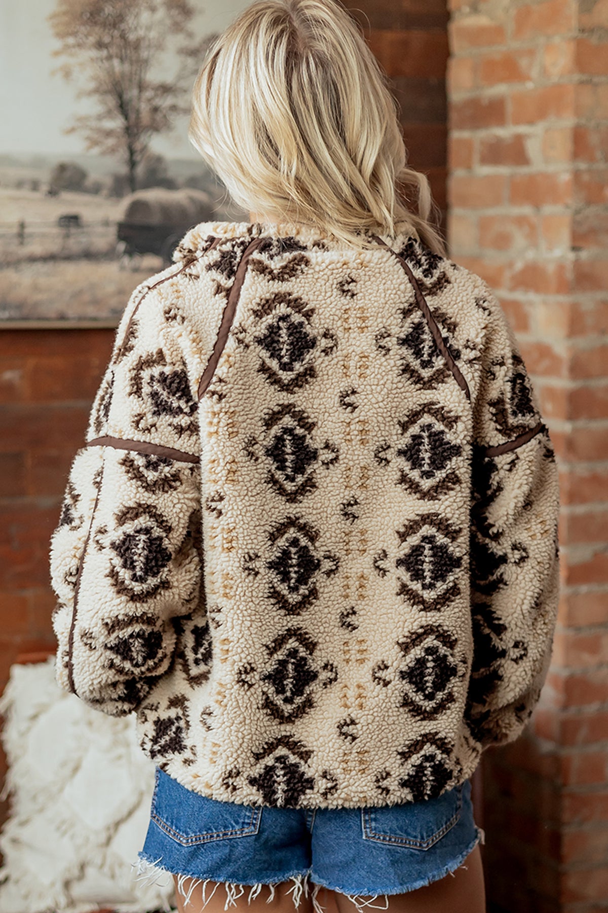 Khaki Western Print Geometric Fleece Pullover Sweatshirt PREORDER ETA 3 WEEKS