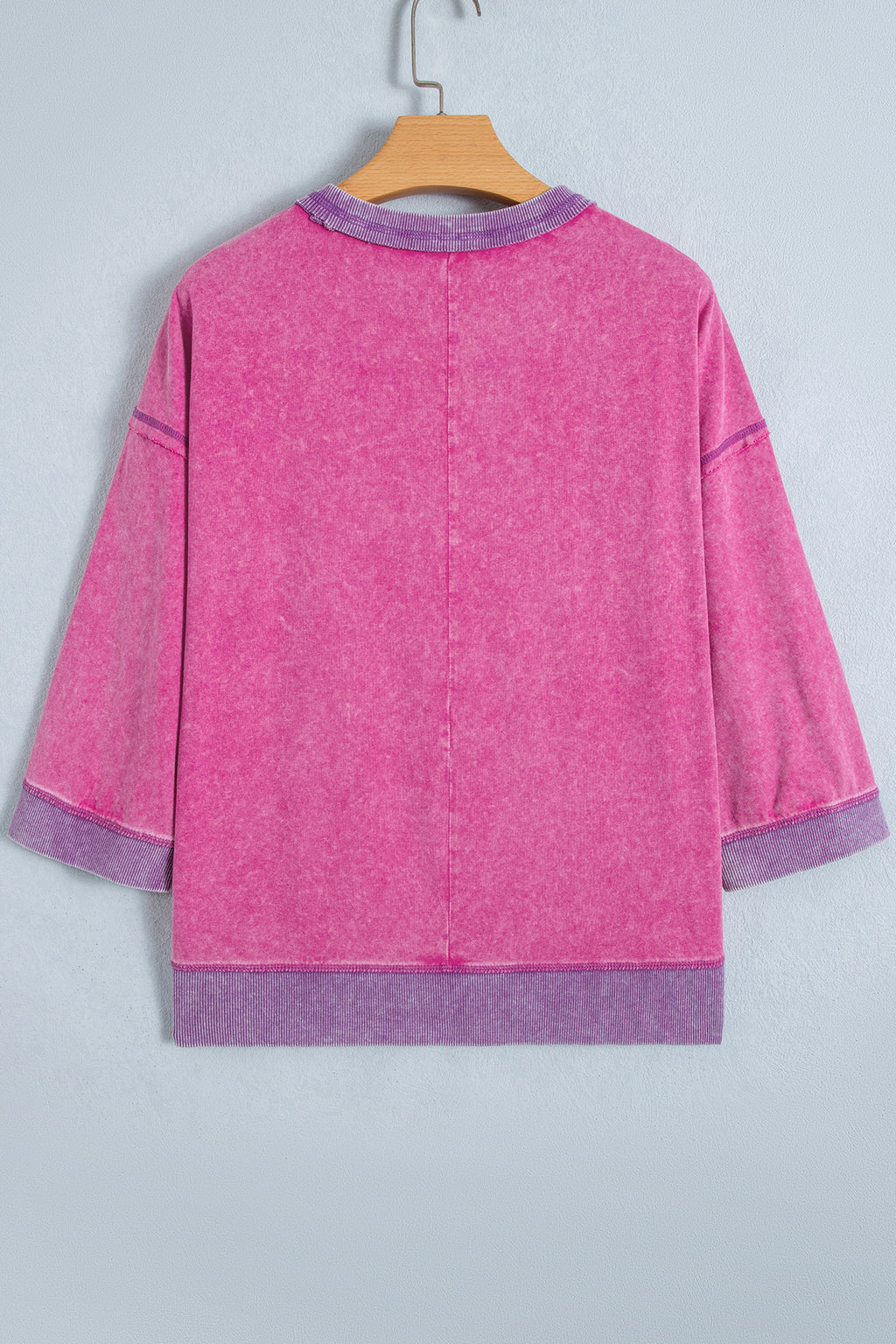 Strawberry Pink 100% Cotton Mineral Wash Color Block Trim Bracelet Sleeve Pullover Top