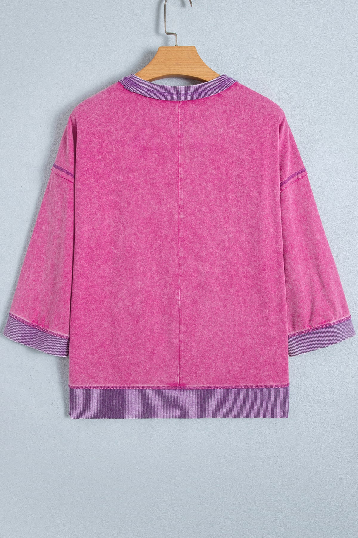 Strawberry Pink 100% Cotton Mineral Wash Color Block Trim Bracelet Sleeve Pullover Top