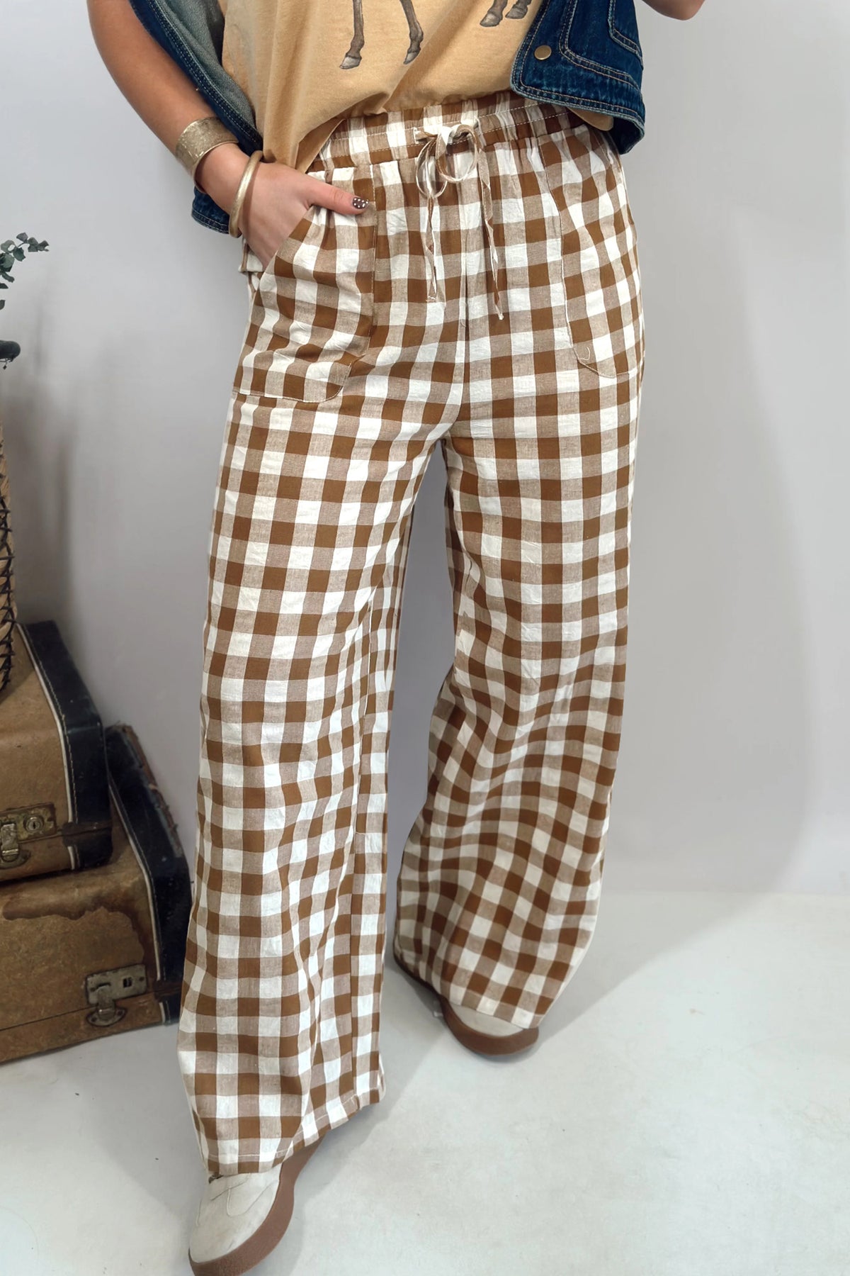 Brown Gingham Plaid Tie Elastic Waist Shift Pants PREORDER ETA 3 WEEKS