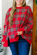 Red Plus Size Festive Plaid Long Sleeve Split Tunic Sweatshirt PREORDER ETA 3 WEEKS