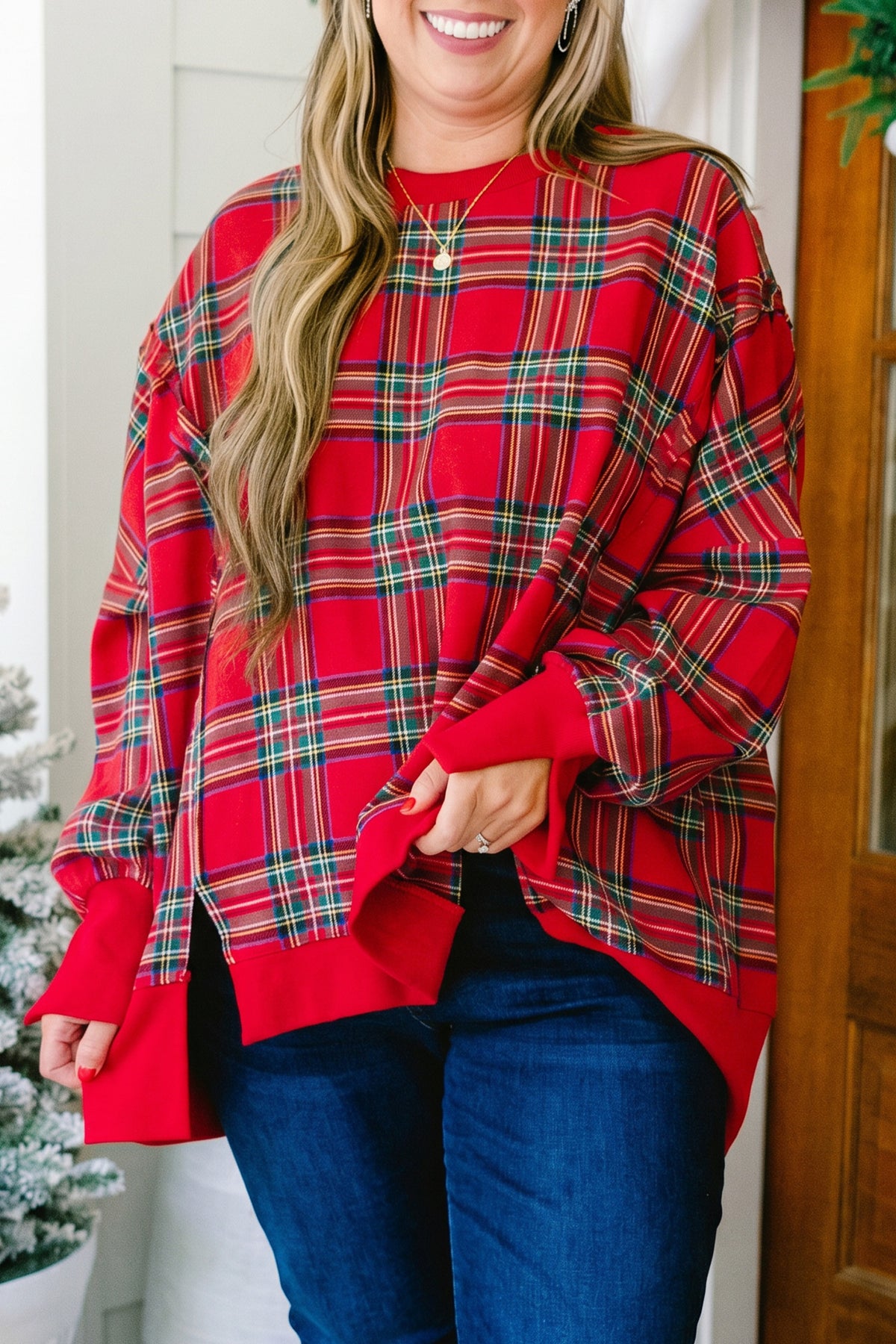 Red Plus Size Festive Plaid Long Sleeve Split Tunic Sweatshirt PREORDER ETA 3 WEEKS