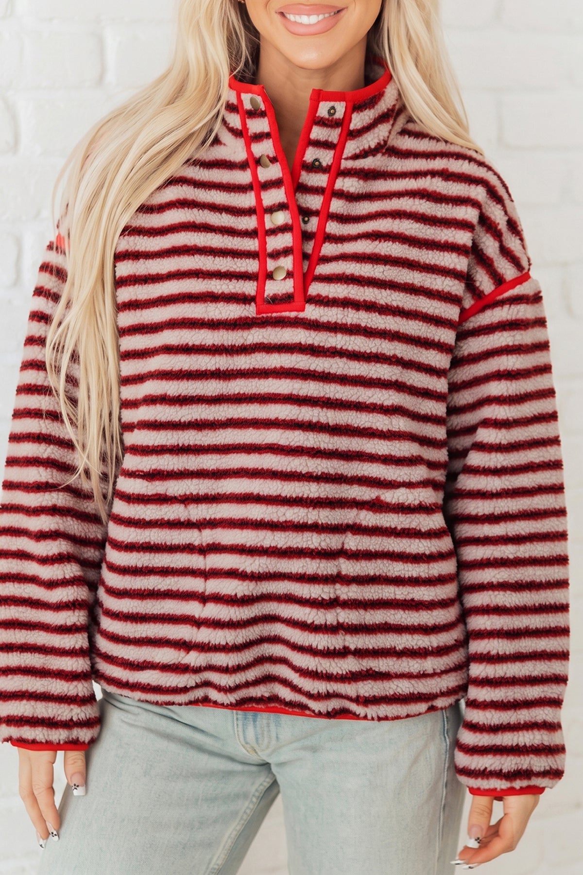 Red Striped Fuzzy Colorblock Button Placket Sweatshirt PREORDER ETA 3 WEEKS