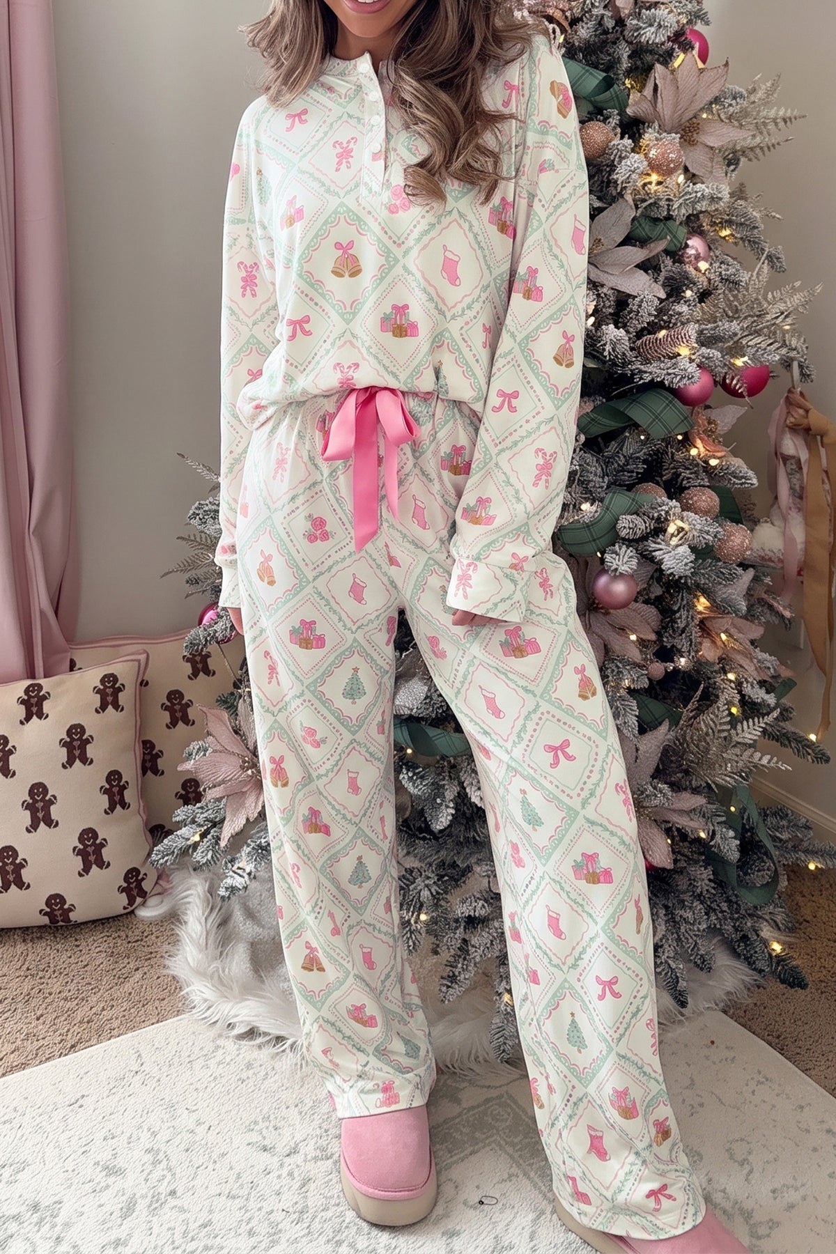 White Long Sleeve Patchwork Shift Christmas Daily Wear Lounge Set PREORDER ETA 3 WEEKS