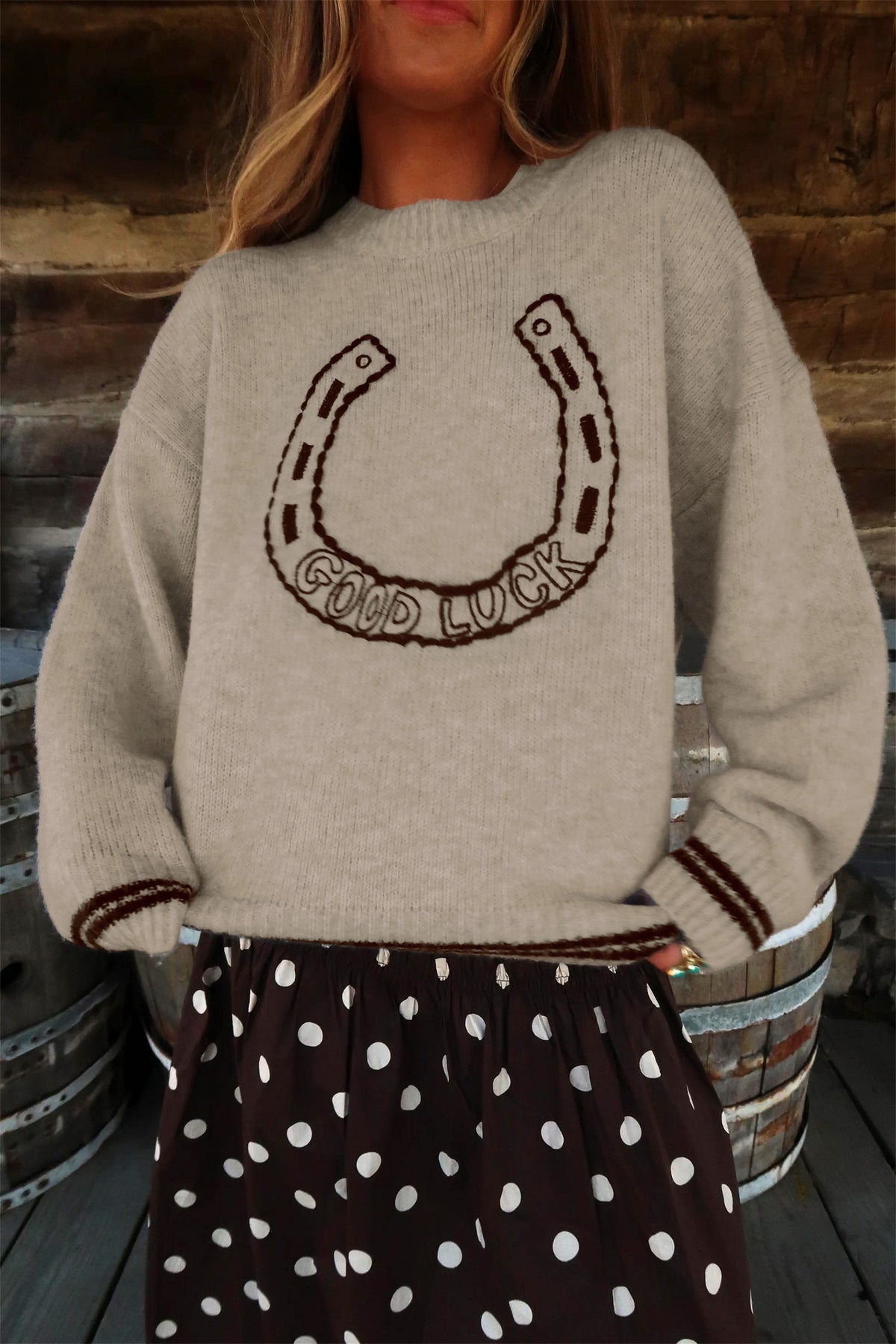 Gray Good Luck Western Horseshoe Crew Neck Knit Sweater PREORDER ETA 3 WEEKS