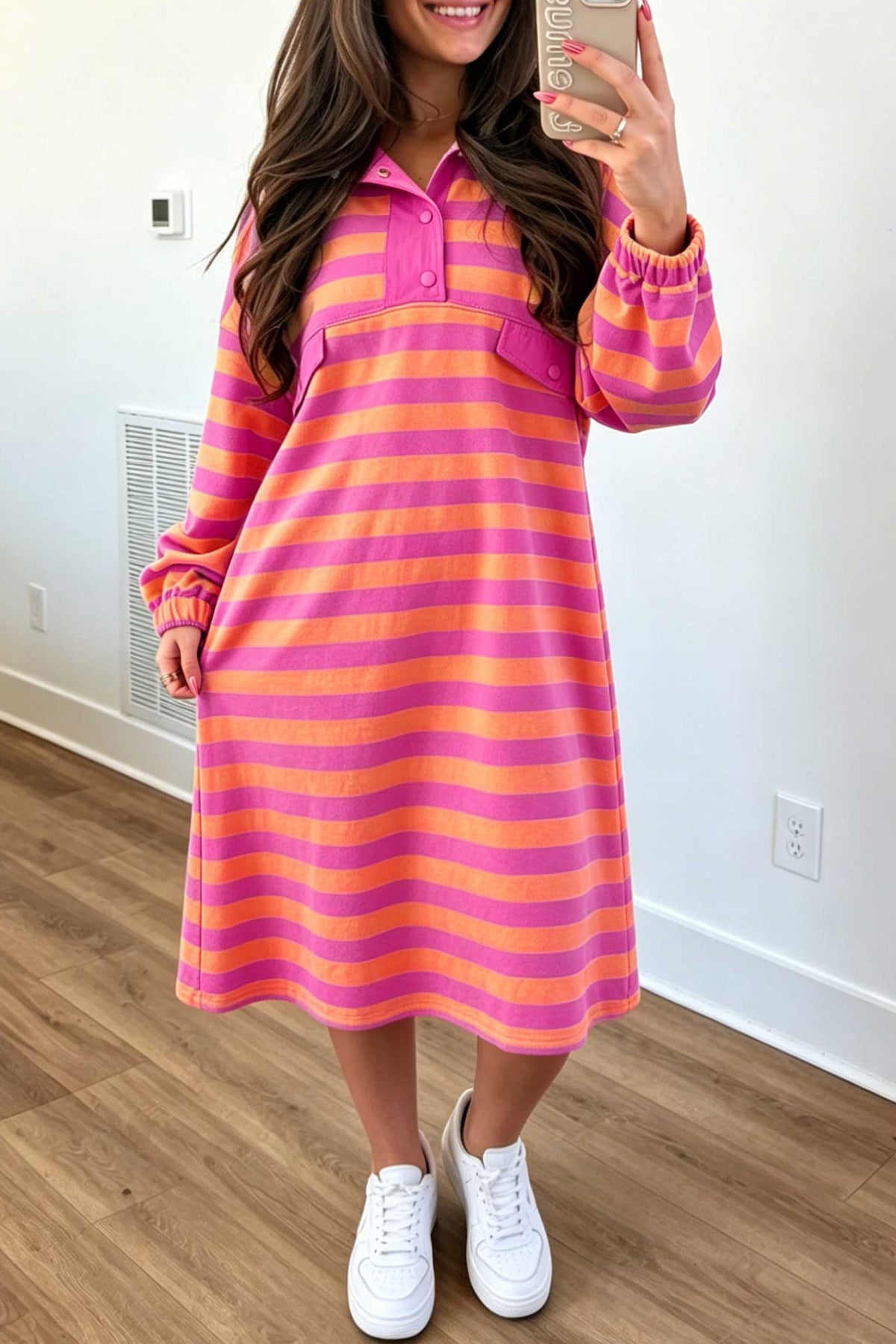 Rose Stripe Long Sleeve Polo Neck Midi Dress PREORDER ETA 3 WEEKS
