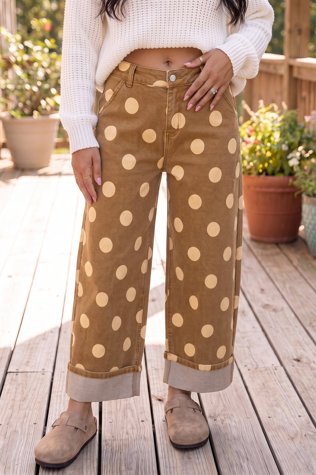 Brown Polka Dot Ankle-Length Metal Button Casual Jeans PREORDER ETA 3 WEEKS