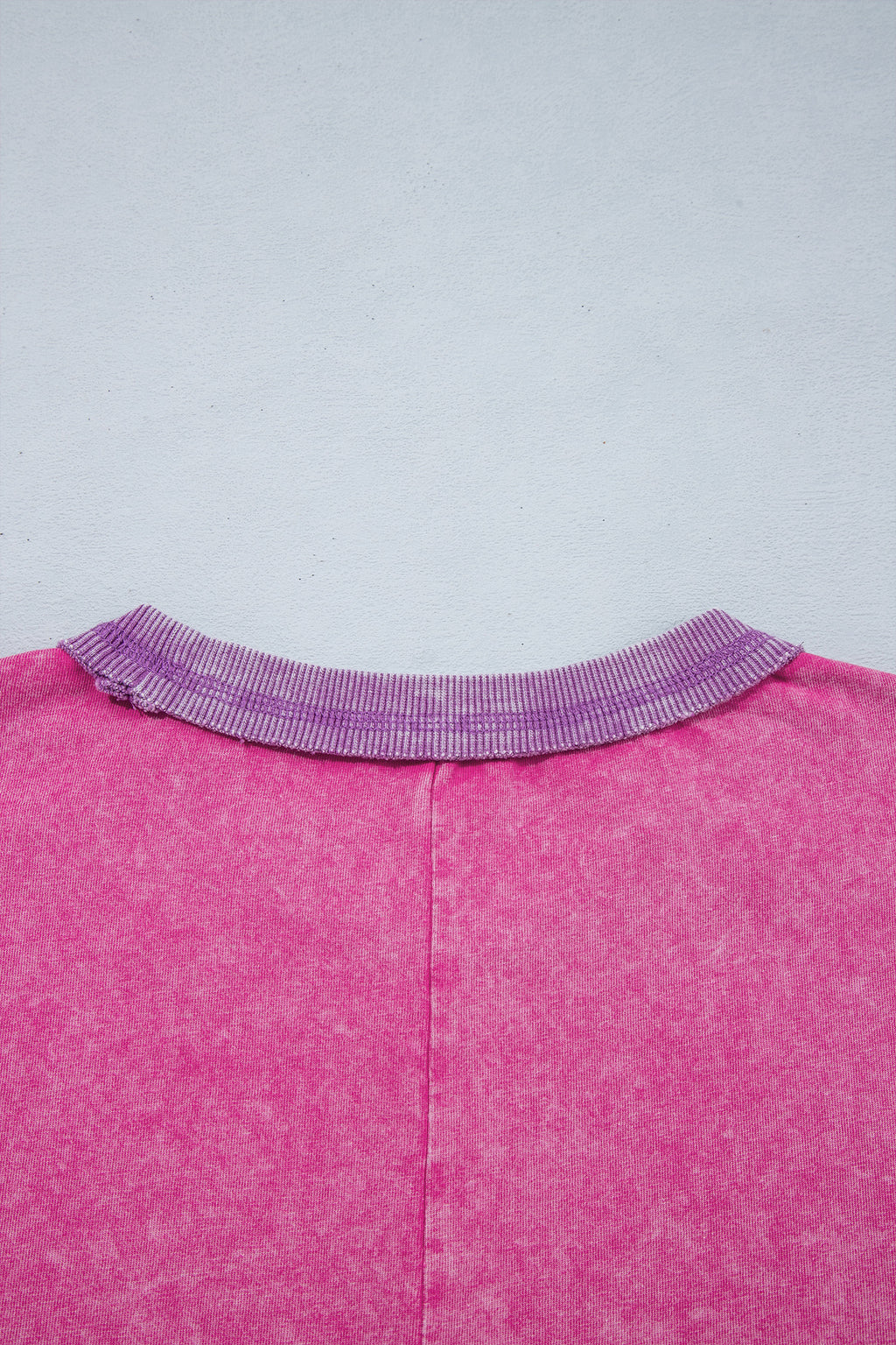 Strawberry Pink 100% Cotton Mineral Wash Color Block Trim Bracelet Sleeve Pullover Top