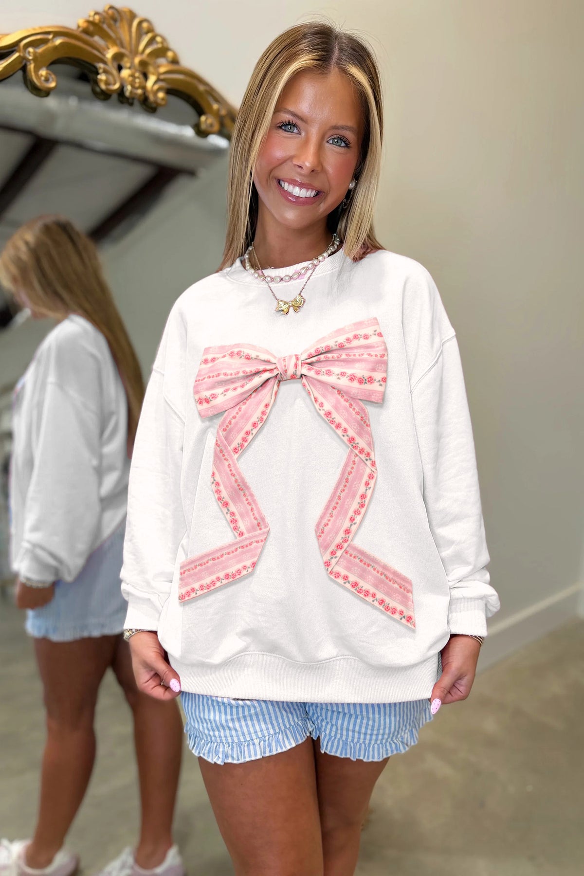 White Floral Bow Decoration Drop Shoulder Long Sleeve Top PREORDER ETA 3 WEEKS
