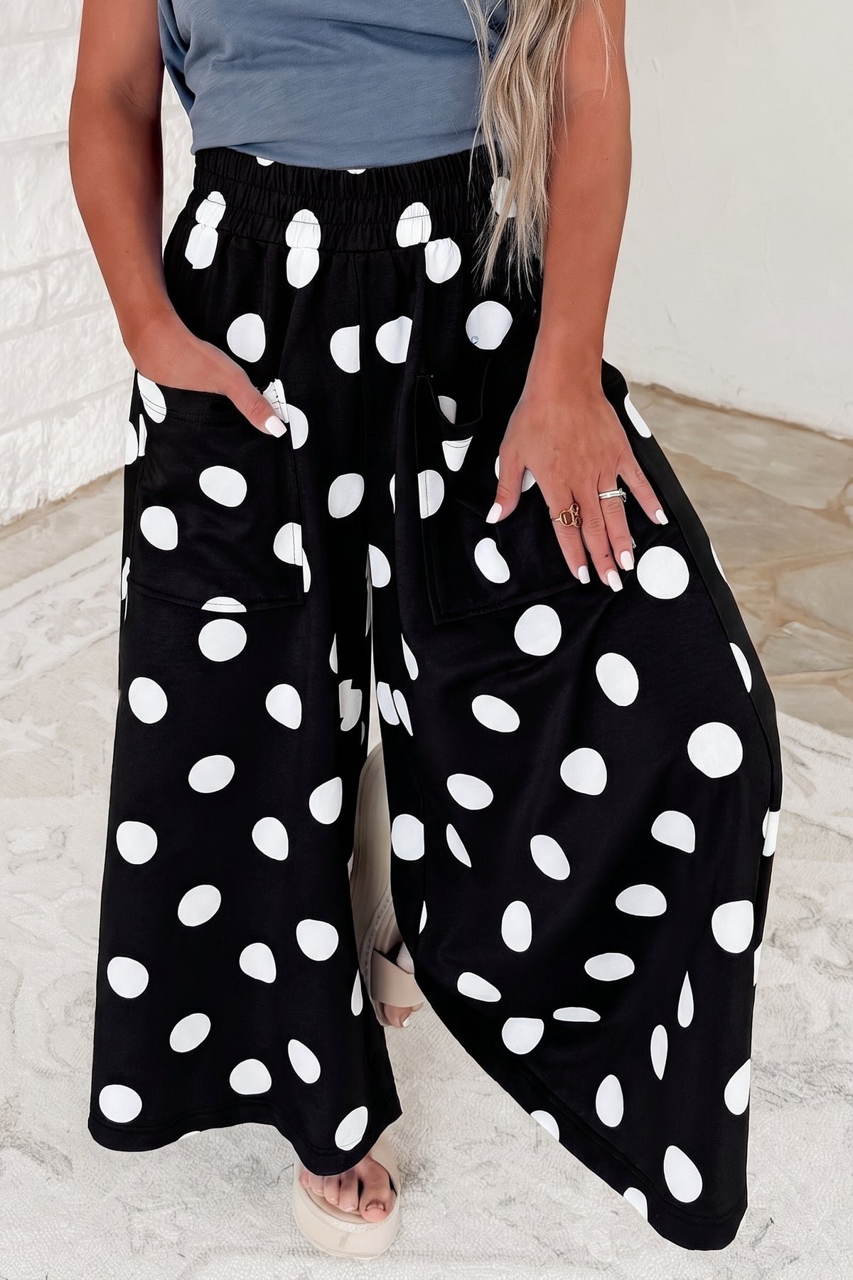 Black Polka Dot Wide Leg Elastic Waist Casual Pants PREORDER ETA 3 WEEKS