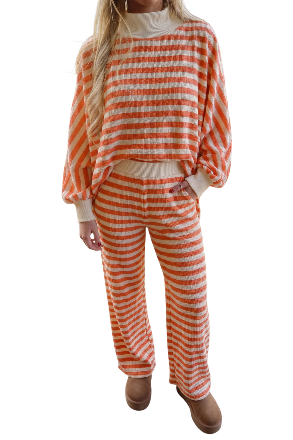 Orange Stripe Textured Contrast High Neck Long Sleeve Top Elastic Waist Pants 2pcs Set PREORDER ETA 3 WEEKS