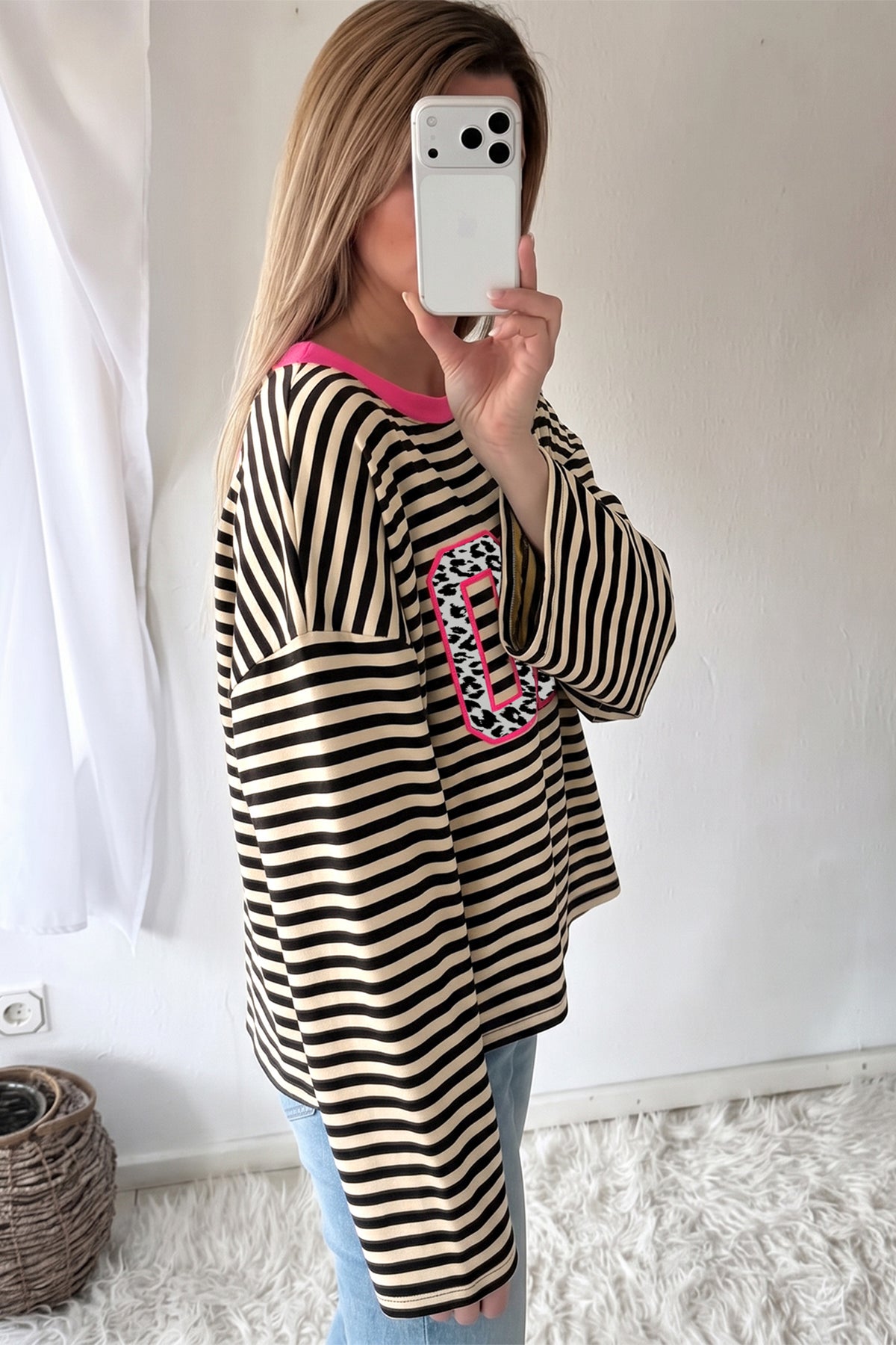 Beige Stripe Leopard Accent CIAO Letter Graphic Long Sleeve Shift Top PREORDER ETA 3 WEEKS