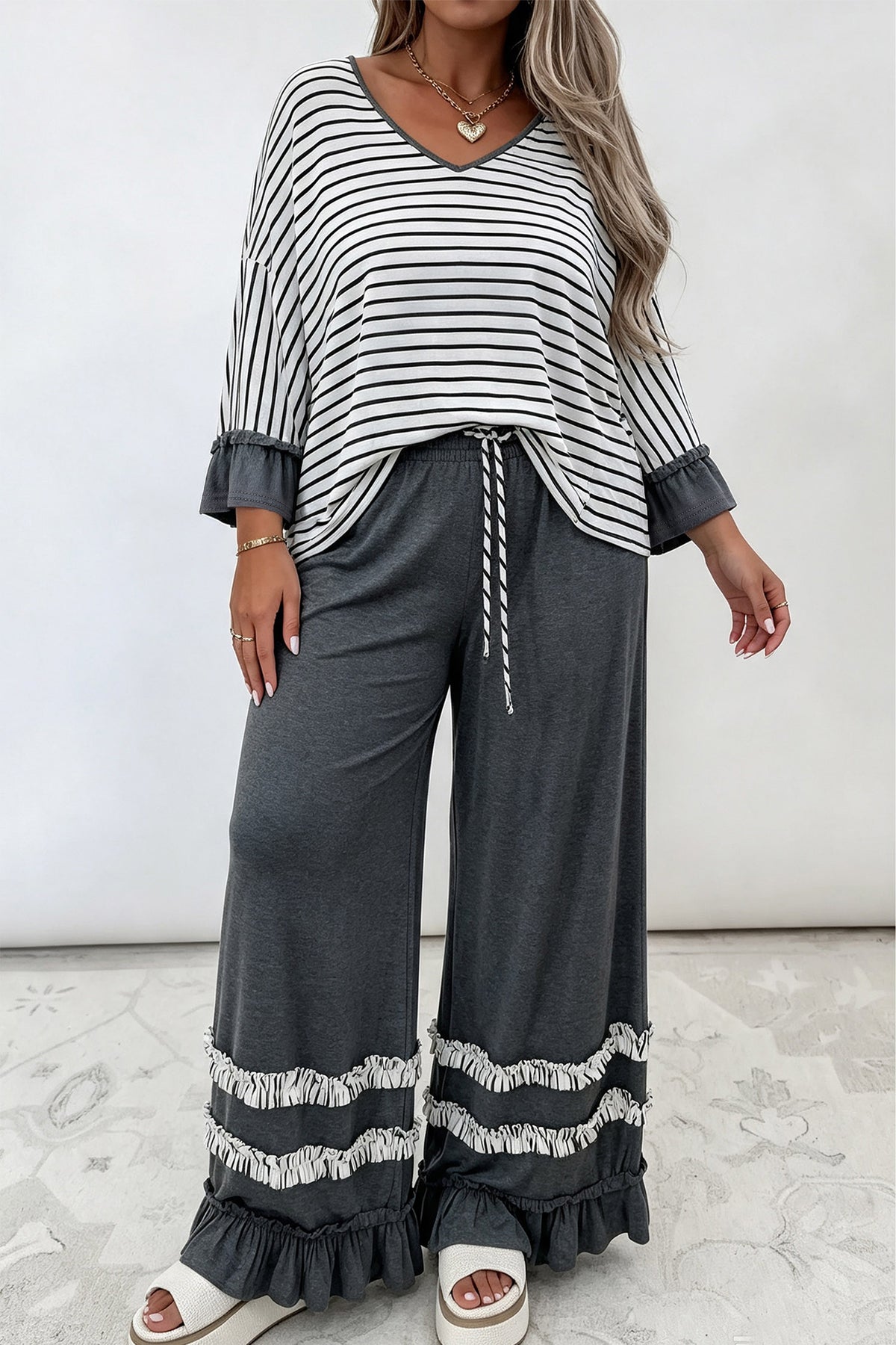 Gray Stripe Ruffled Bracelet Sleeve V Neck Plus Size Top PREORDER ETA 3 WEEKS