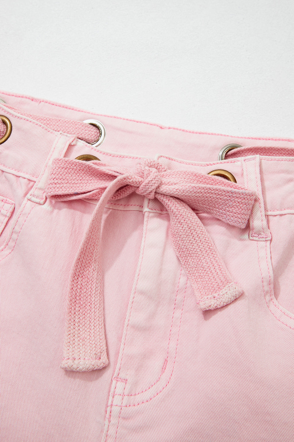Light Pink Solid Color Grommet Detail Knot Waist Barrel Jeans PREORDER ETA 3 WEEKS