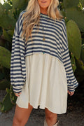 Blue Stripe Long Sleeve Pocketed Patchwork Hem Mini Dress PREORDER ETA 3 WEEKS