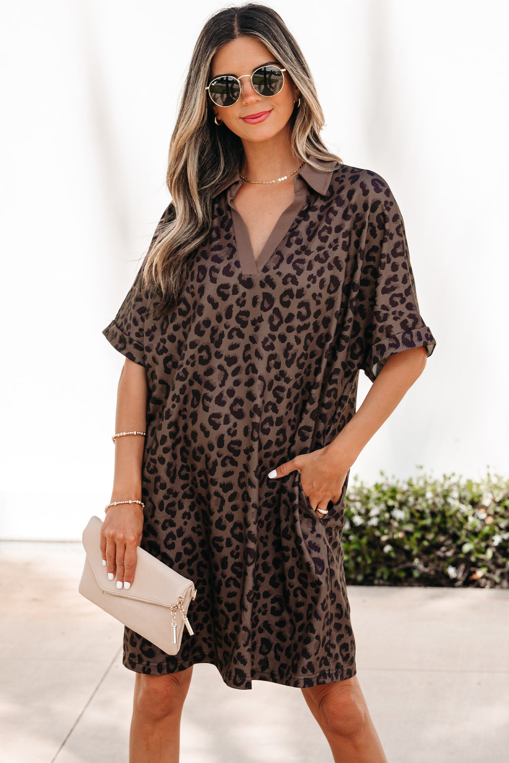Brown Leopard Print Contrast Collar V-Neck Mini Dress PREORDER ETA 3 WEEKS