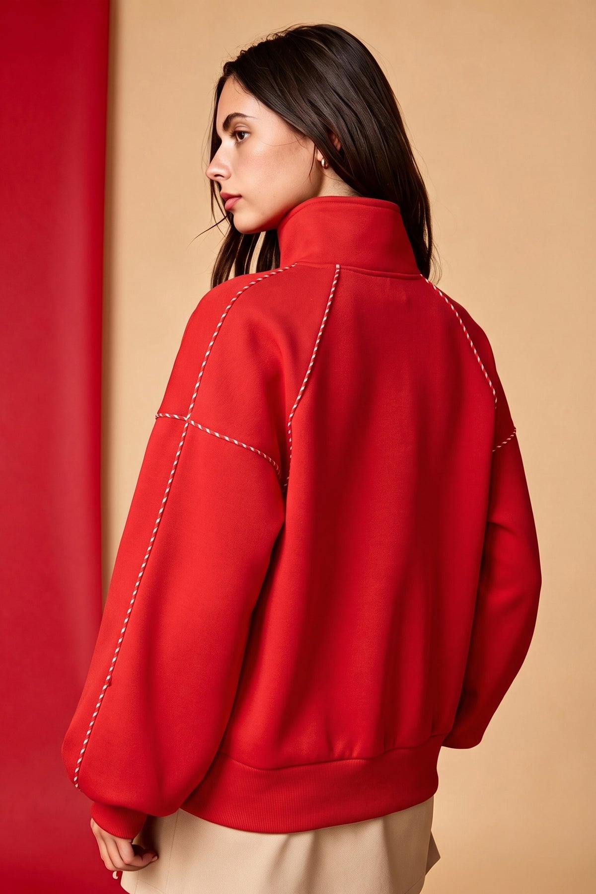 Fiery Red Snap Button Sleeve Candy Cane Lane Detail Pullover Sweatshirt PREORDER ETA 3 WEEKS