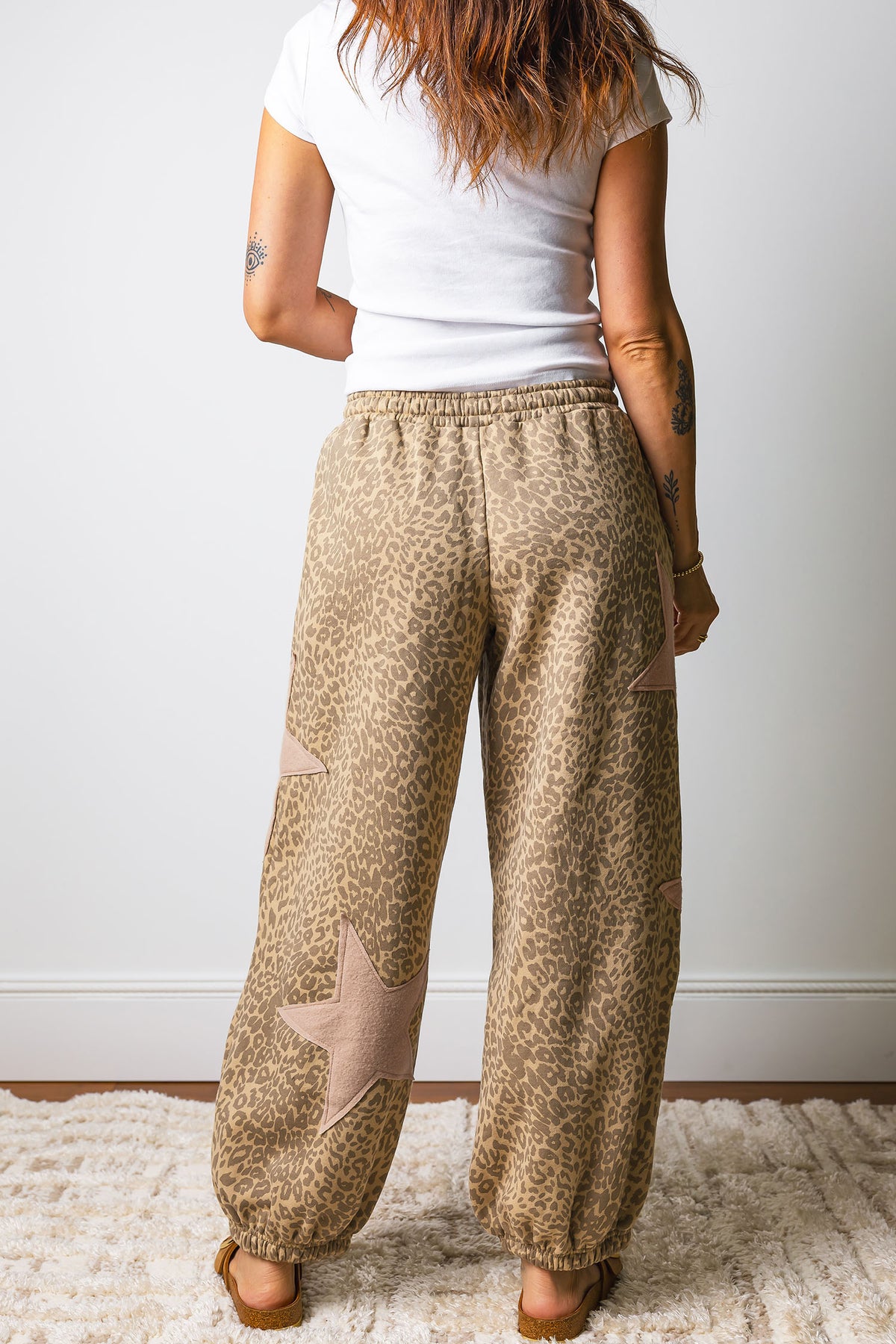 Khaki Leopard Print Star Patched Drawstring Elastic Waist Jogger Pants PREORDER ETA 3 WEEKS