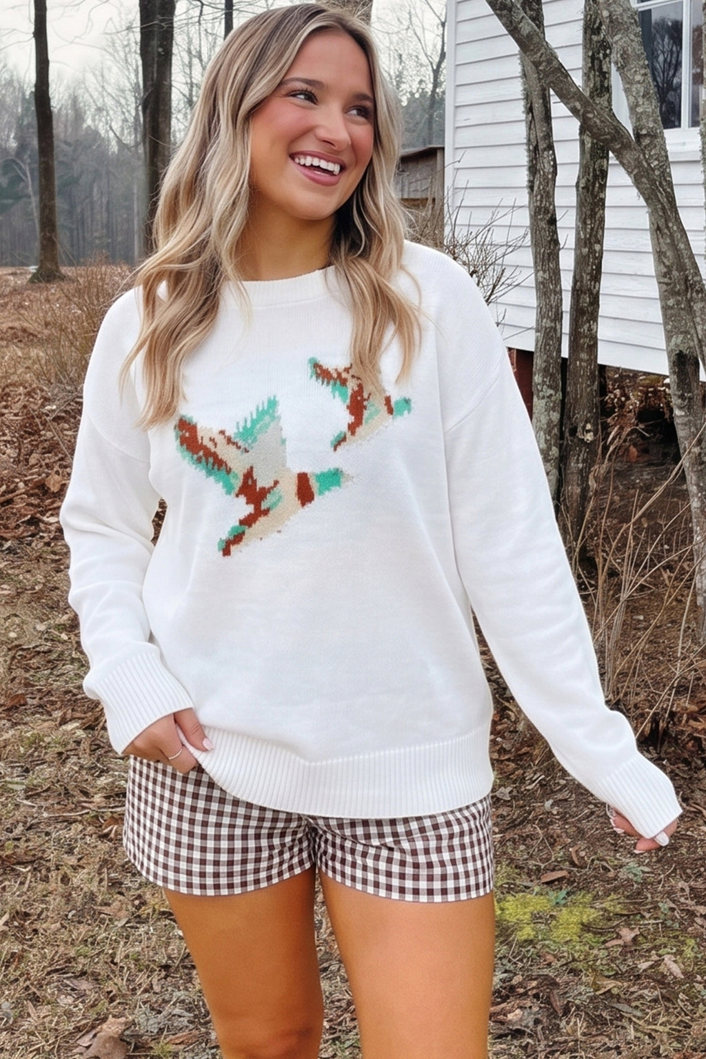 White Wild Mallard Drop Shoulder Round Neck Long Sleeve Pullover Sweater PREORDER ETA 3 WEEKS