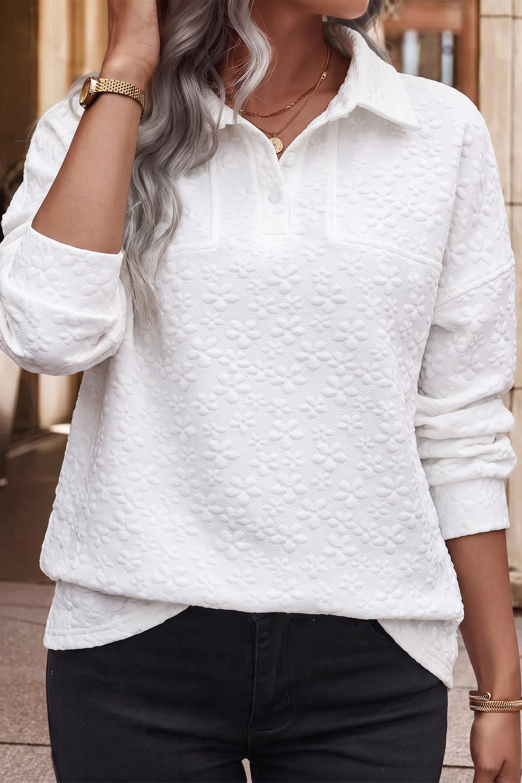 White Solid Color Textured Relaxed Button Collar Pullover Sweatshirt PREORDER ETA 3 WEEKS