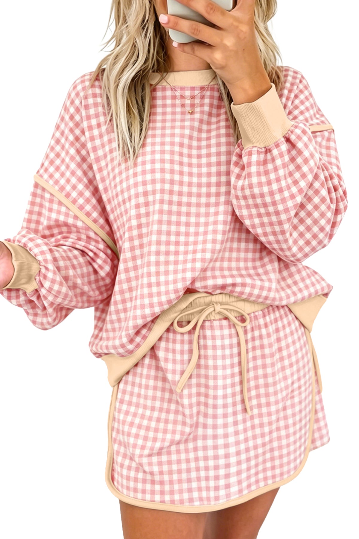 Green Gingham Oversized Ribbed Trim Crew Neck Long Sleeve Top and Skort Set PREORDER ETA 3 WEEKS