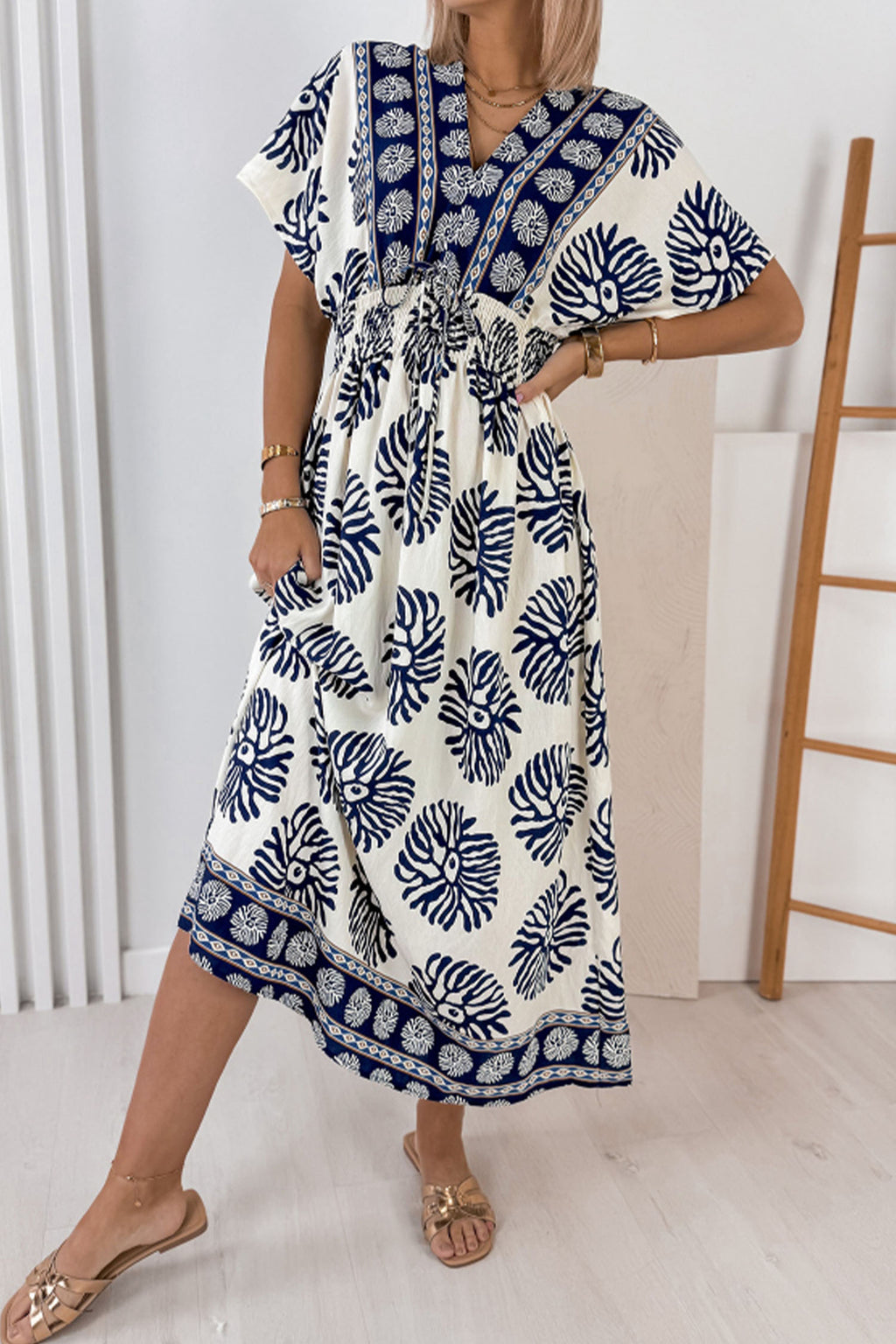 Blue Boho Floral Print Contrast Patchwork V Neck Dolman Maxi Dress PREORDER ETA 3 WEEKS