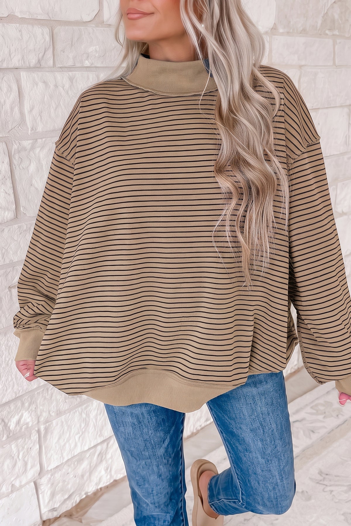 Khaki Stripe Ribbed Color Block Mock Neck Oversized Sweatshirt PREORDER ETA 3 WEEKS