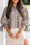 Brown Plaid Knot Half Sleeve Button Down Shirt PREORDER ETA 3 WEEKS