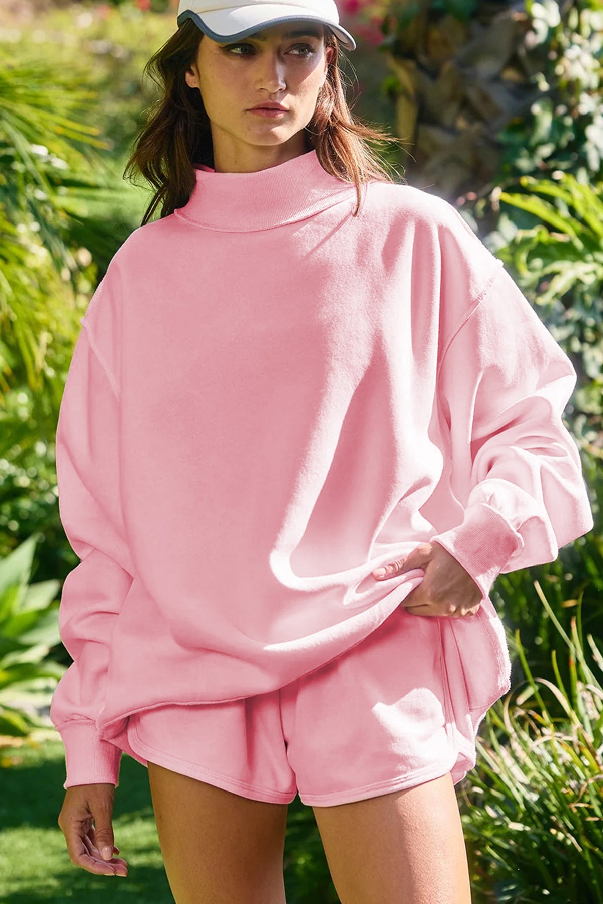 Light Pink High Neck Exposed Seam Drop Shoulder Baggy Pullover Short Set PREORDER ETA 3 WEEKS