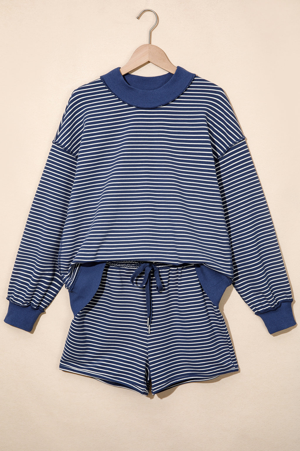 Blue Stripe Ribbed Patchwork Mock Neck Pullover Matching Shorts Set PREORDER ETA 3 WEEKS
