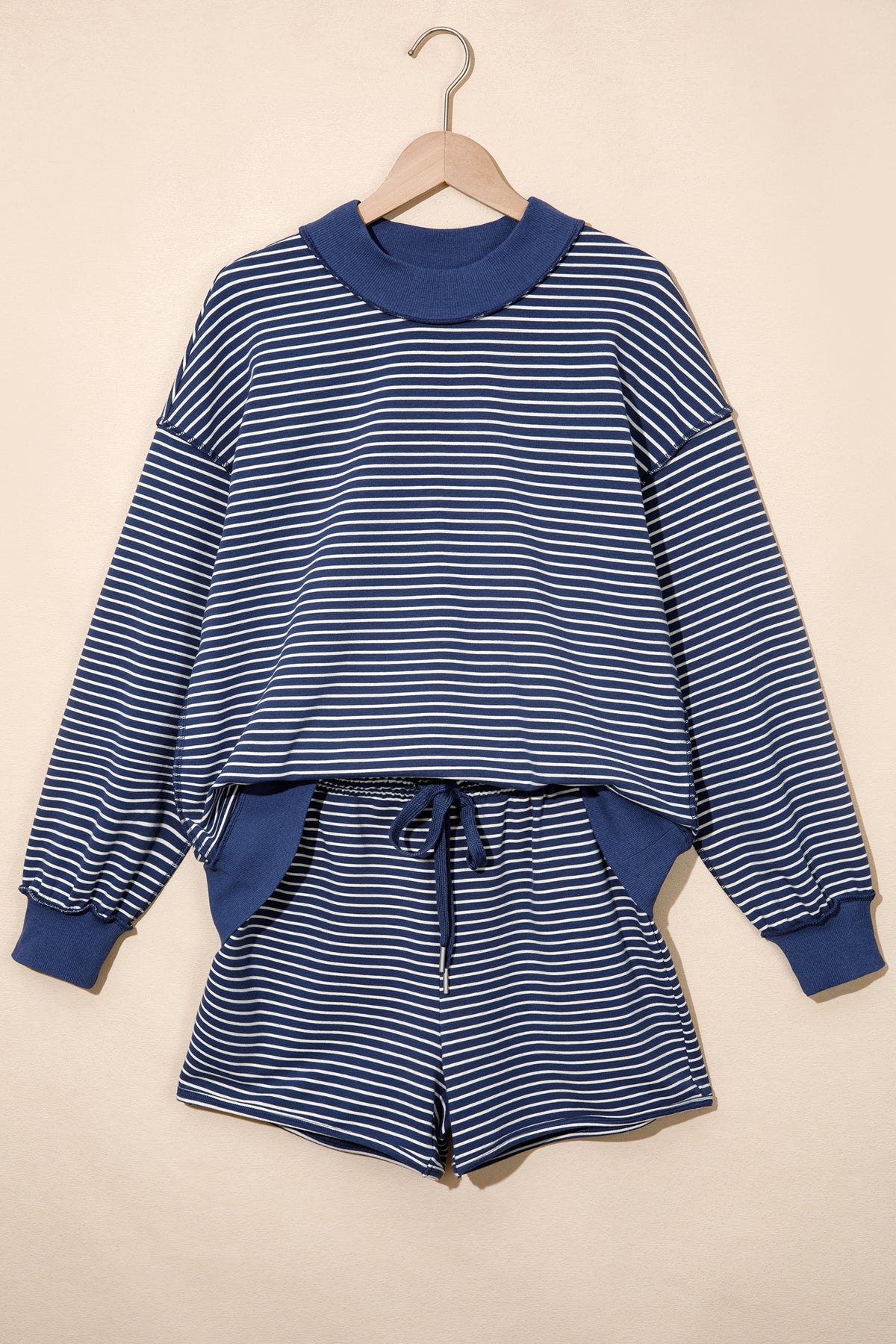 Blue Stripe Ribbed Patchwork Mock Neck Pullover Matching Shorts Set PREORDER ETA 3 WEEKS