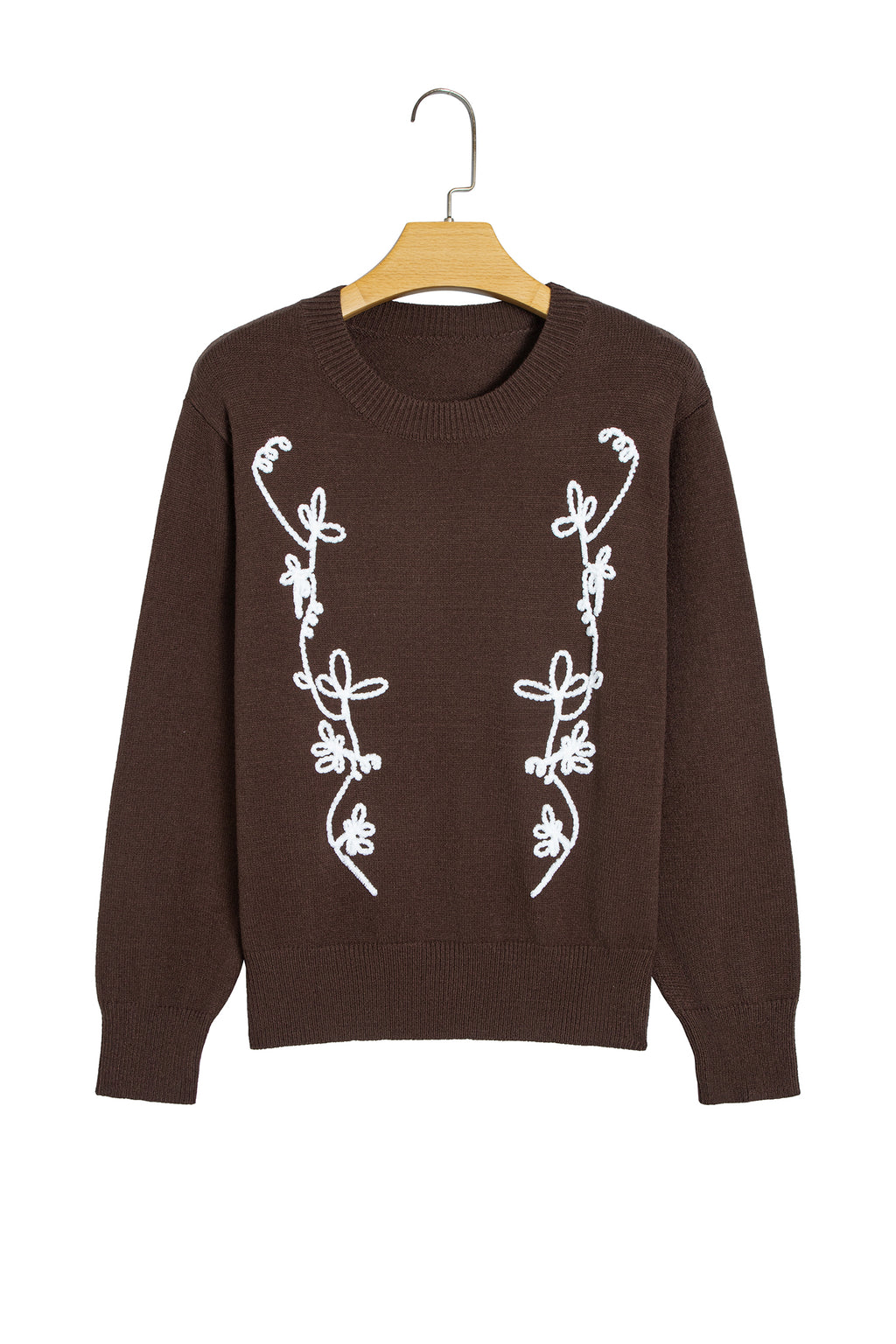 Chicory Coffee Embroidered Floral Round Neck Casual Shift Sweater PREORDER ETA 3 WEEKS