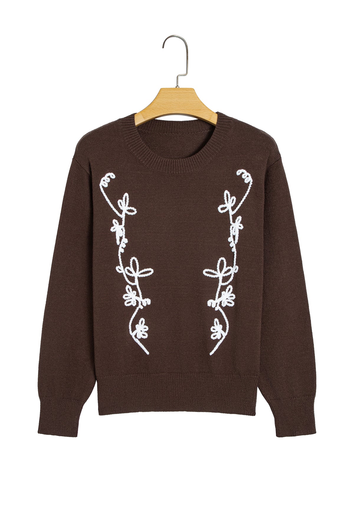 Chicory Coffee Embroidered Floral Round Neck Casual Shift Sweater PREORDER ETA 3 WEEKS
