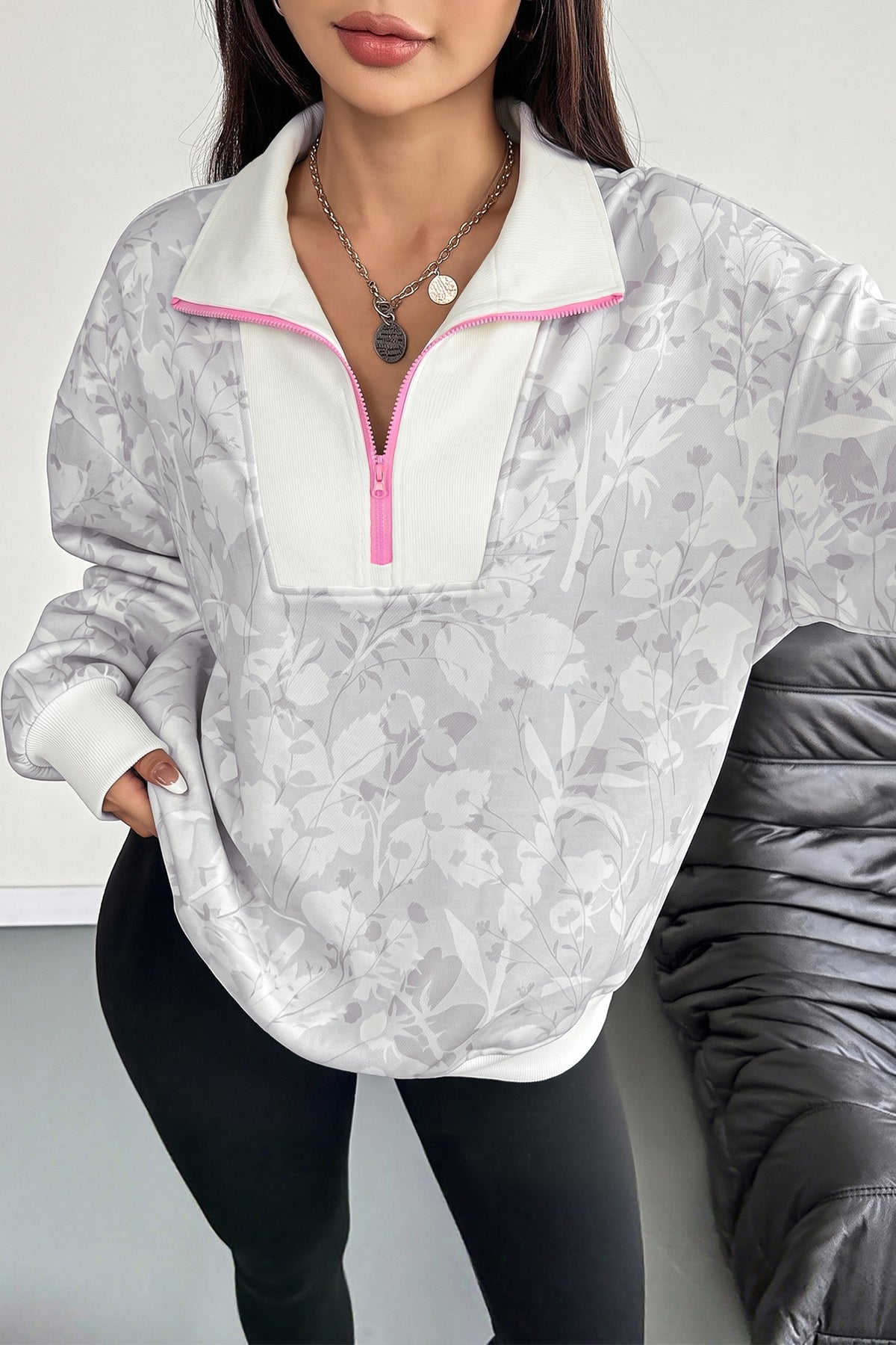 Gray Floral Print Quarter Zip Stand Neck Long Sleeve Sweatshirt PREORDER ETA 3 WEEKS