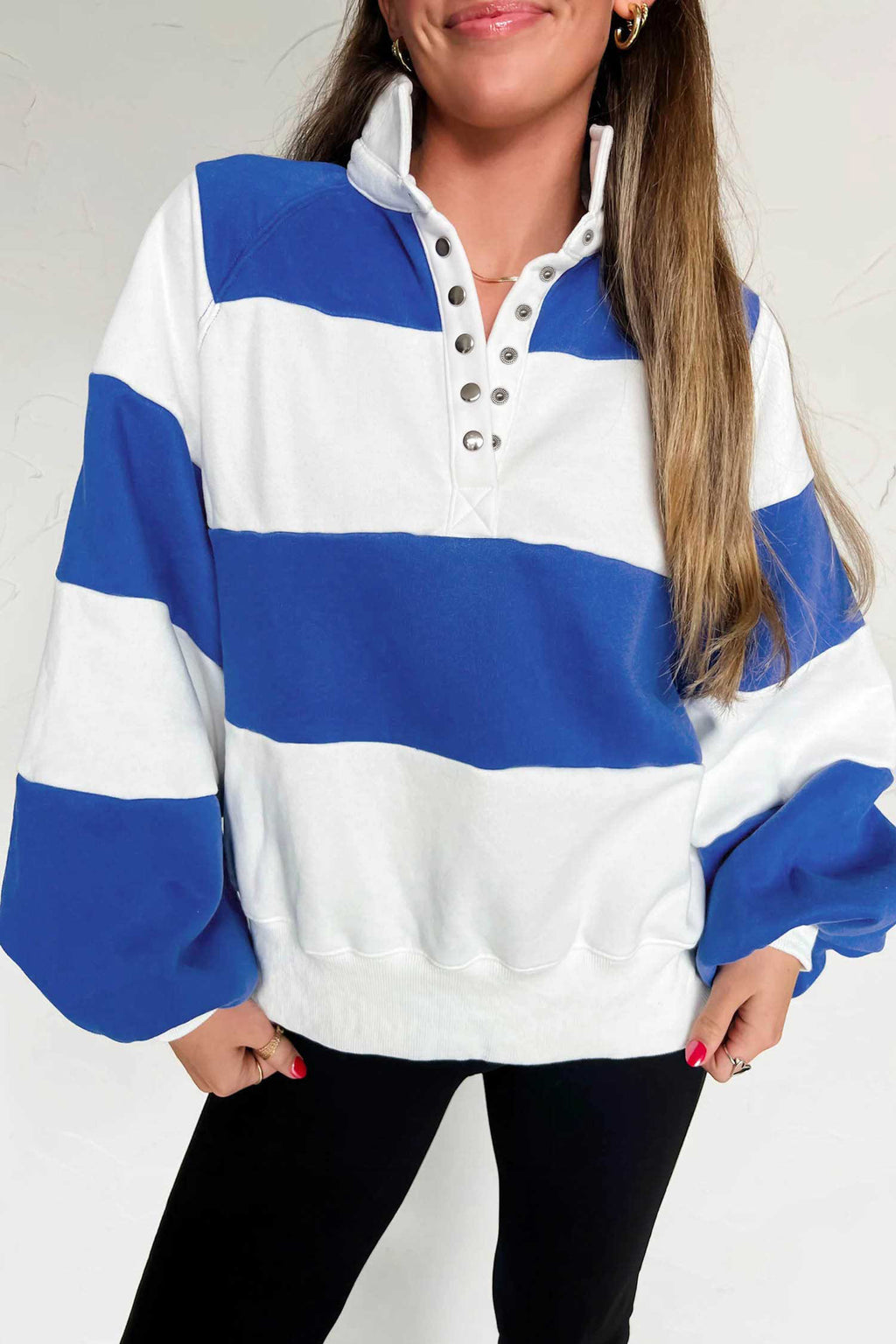 Dark Blue Striped Color Block Button V Neck Puff Sleeve Casual Sweatshirt PREORDER ETA 3 WEEKS