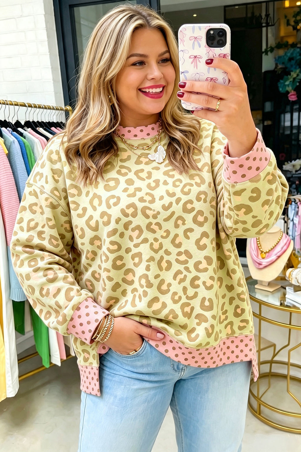 Khaki Plus Size Leopard Print Contrast Polka Dot Trim Long Sleeve Top PREORDER ETA 3 WEEKS