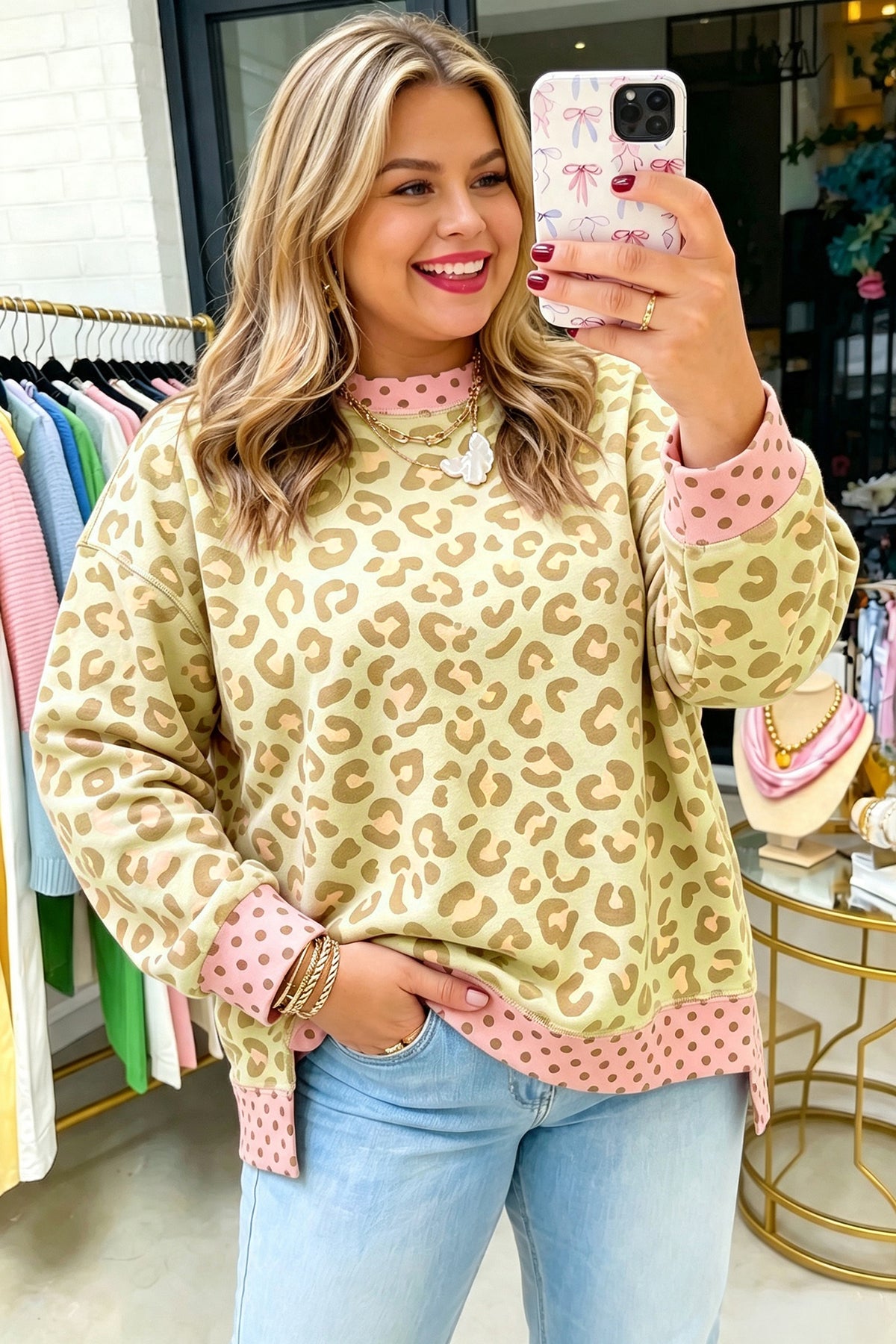 Khaki Plus Size Leopard Print Contrast Polka Dot Trim Long Sleeve Top PREORDER ETA 3 WEEKS