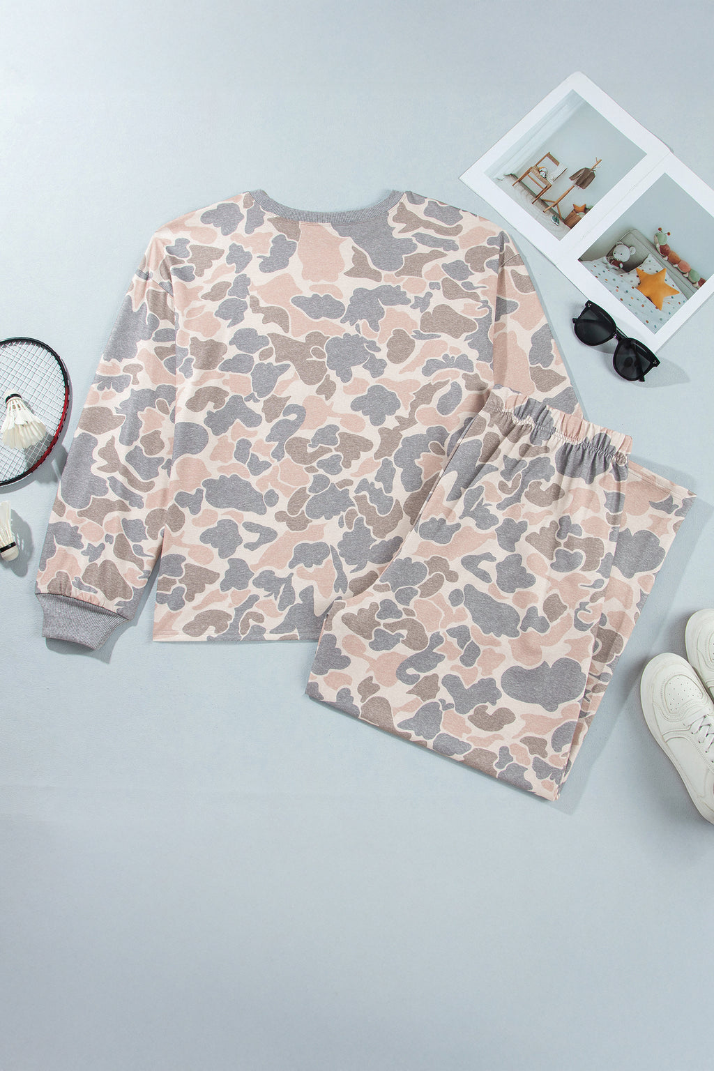 Multicolour Camouflage Long Sleeve Round Neck Two-Piece Plus Size Set PREORDER ETA 3 WEEKS