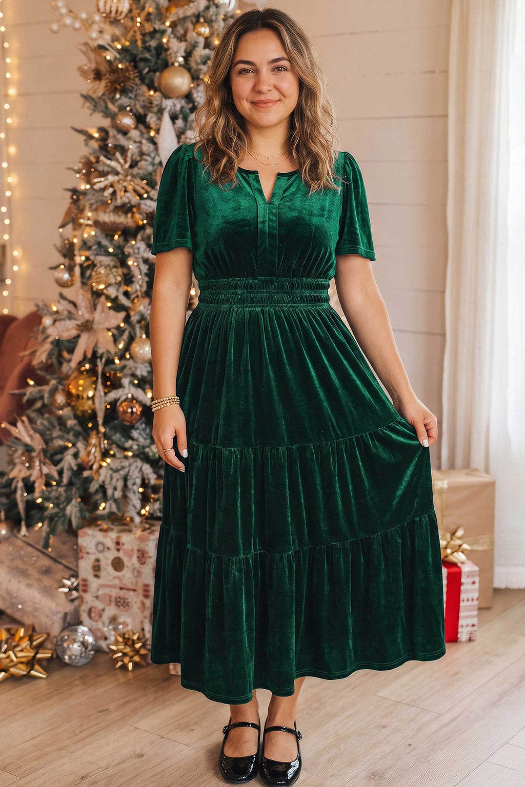 Blackish Green Velvet Short Sleeve Shirred Waist Tiered Plus Size Maxi Dress PREORDER ETA 3 WEEKS