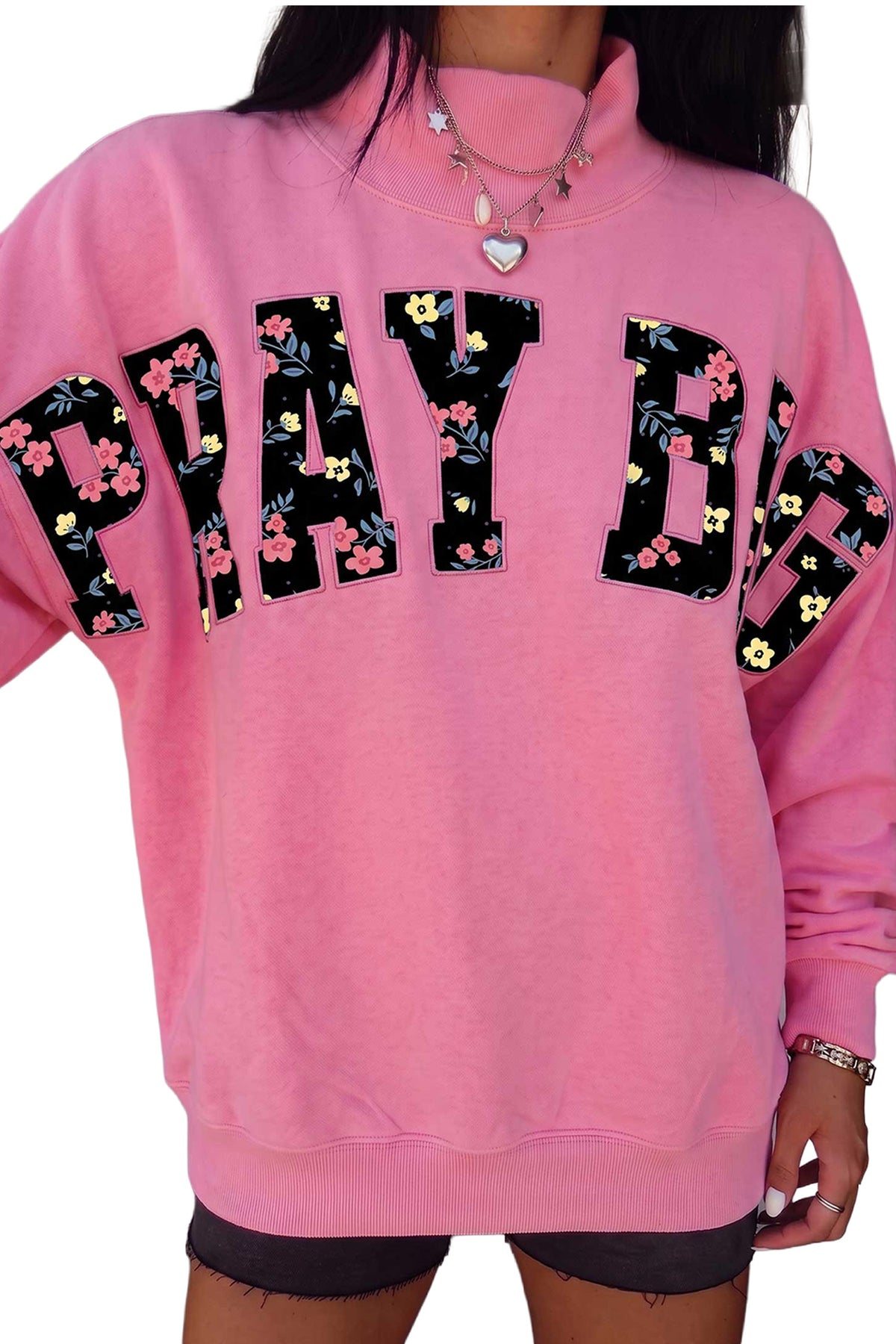 Pink PRAY BIG Embroidered Patch Graphic Mock Neck Sweatshirt PREORDER ETA 3 WEEKS